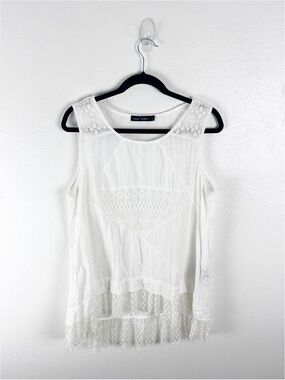 CASUAL EXPRESS White Sheer Embroidered Lace Trim Top Large Boho Festival Casual